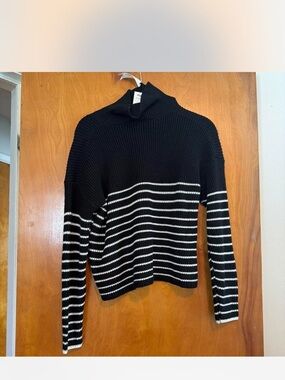 Striped Cowl Turtleneck Sweater - Black/White